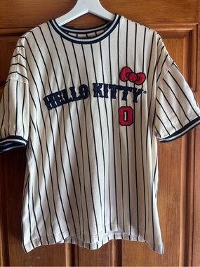 Sanrio Hello Kitty White Tee with Navy Pinstripes and Red Accents